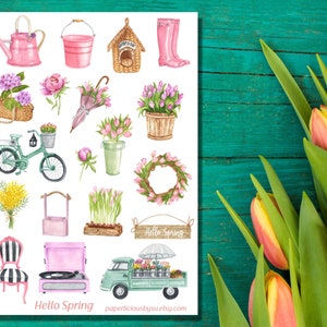 Feuille d'autocollants Hello Spring, autocollant tulipe, autocollants floraux, bouquet de tulipes, autocollants de printemps, jardin, agenda, Bullet Journal, album