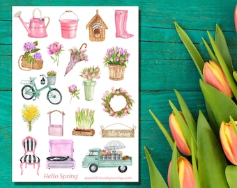 Hallo lente-stickervel, tulpensticker, bloemenstickers, tulpenboeket, lentestickers, tuin, planner, Bullet Journal, plakboek