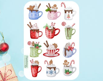 Pegatinas de bebidas navideñas, bebidas navideñas, chocolate caliente, cacao caliente, café, pan de jengibre, planificador, diario, álbum de recortes, tarjetas navideñas