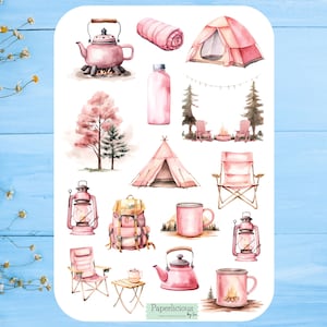 Hoja de pegatinas para acampar, pegatinas para acampar, senderismo, actividades al aire libre, naturaleza, glamping, verano, bosque, planificador, diario, calendario, bujo, álbum de recortes