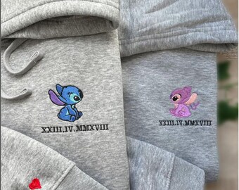 Stitch and Angel Embroidered Sweatshirt , Anniversary Hoodie,  Personalized Custom Couple Sweatshirt, custom date embroidered couple