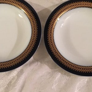 Op de afbeelding: Twee witte keramische borden met een marineblauwe en gouden decoratieve rand. De borden hebben een eenvoudig, elegant ontwerp, geschikt voor formele diners. De borden zijn rond en lijken in goede staat te verkeren.