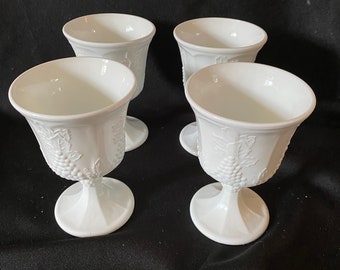 4 Milk Glass Grape Pattern Wine Glasses