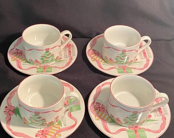 4 Sango Home For Christmas Flat Cups & Saucers