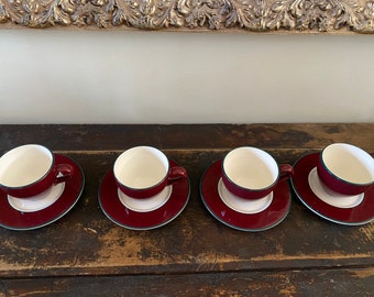 4 Pagnossin Spa Maroon Green Trim Cups & Saucers