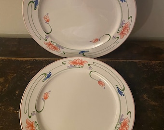 May include: Two white ceramic plates with a floral design. The plates feature a border with pink, green, and blue floral patterns. The plates have a red trim around the edge. The plates are on a dark wooden surface.