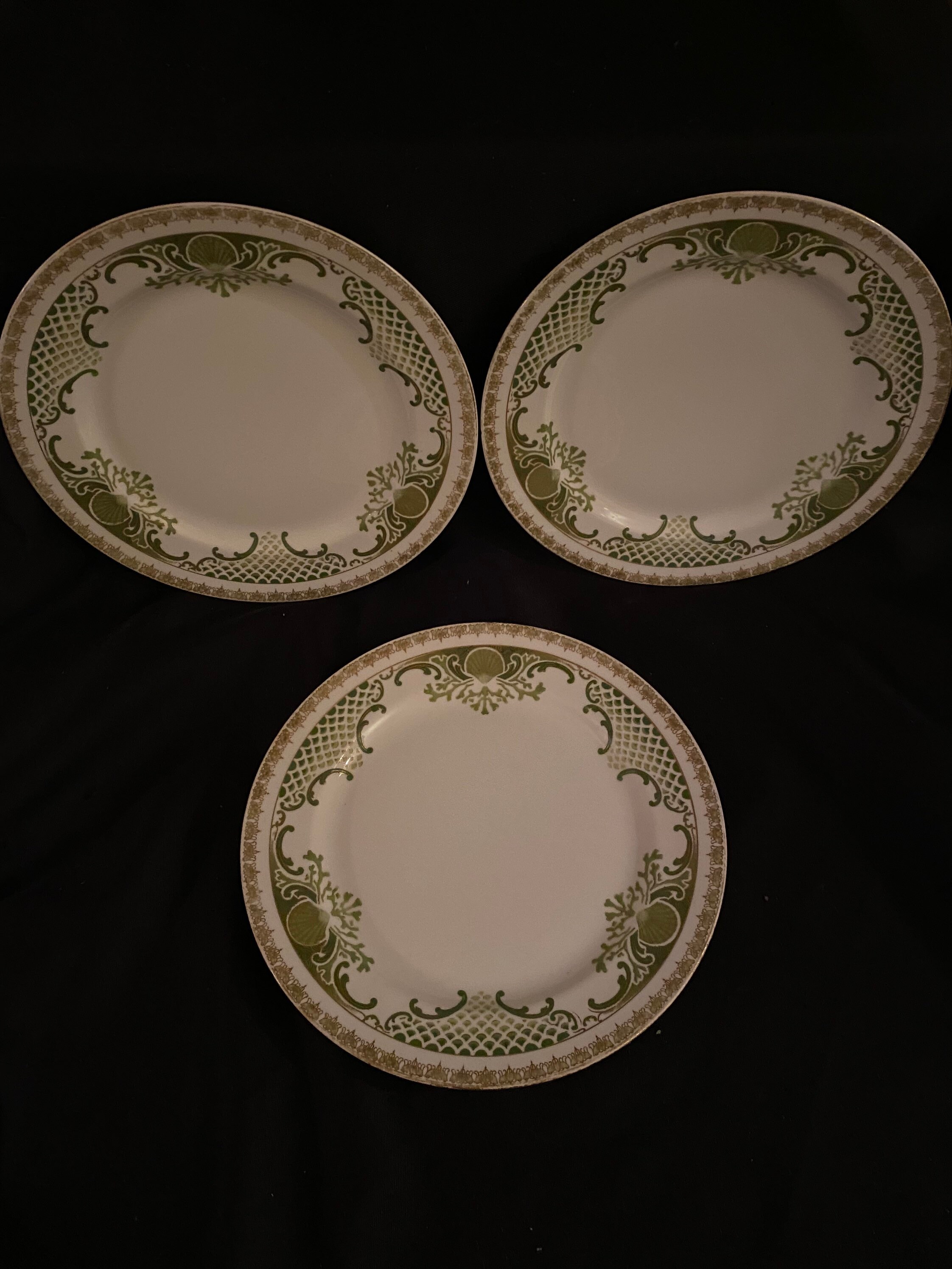 3 Jean Pouyat France Dinner Plates Green Gold White