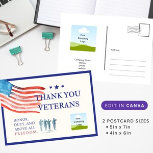 Veteranendag Bedrijf bedankkaart, slepen en neerzetten, eenvoudig en gemakkelijk bewerken in CANVA, digitale instant download