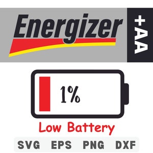 May include: A graphic featuring an Energizer AA battery and a low battery indicator showing 1%. The Energizer logo is gray with red and yellow accents. Below, a black battery icon displays a red bar at 1% with the words "Low Battery" in red.
