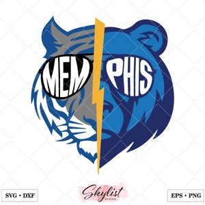 May include: A blue and gray tiger and bear head with a lightning bolt down the middle. The word "MEMPHIS" is written in white letters across the eyes of the animals.