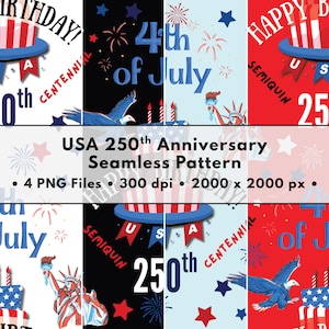 Può includere: Un motivo senza cuciture patriottico per il 250° anniversario degli Stati Uniti. Il design presenta elementi come la Statua della Libertà, aquile, fuochi d'artificio e il testo "4th of July" e "250th". La combinazione di colori include rosso, bianco e blu.
