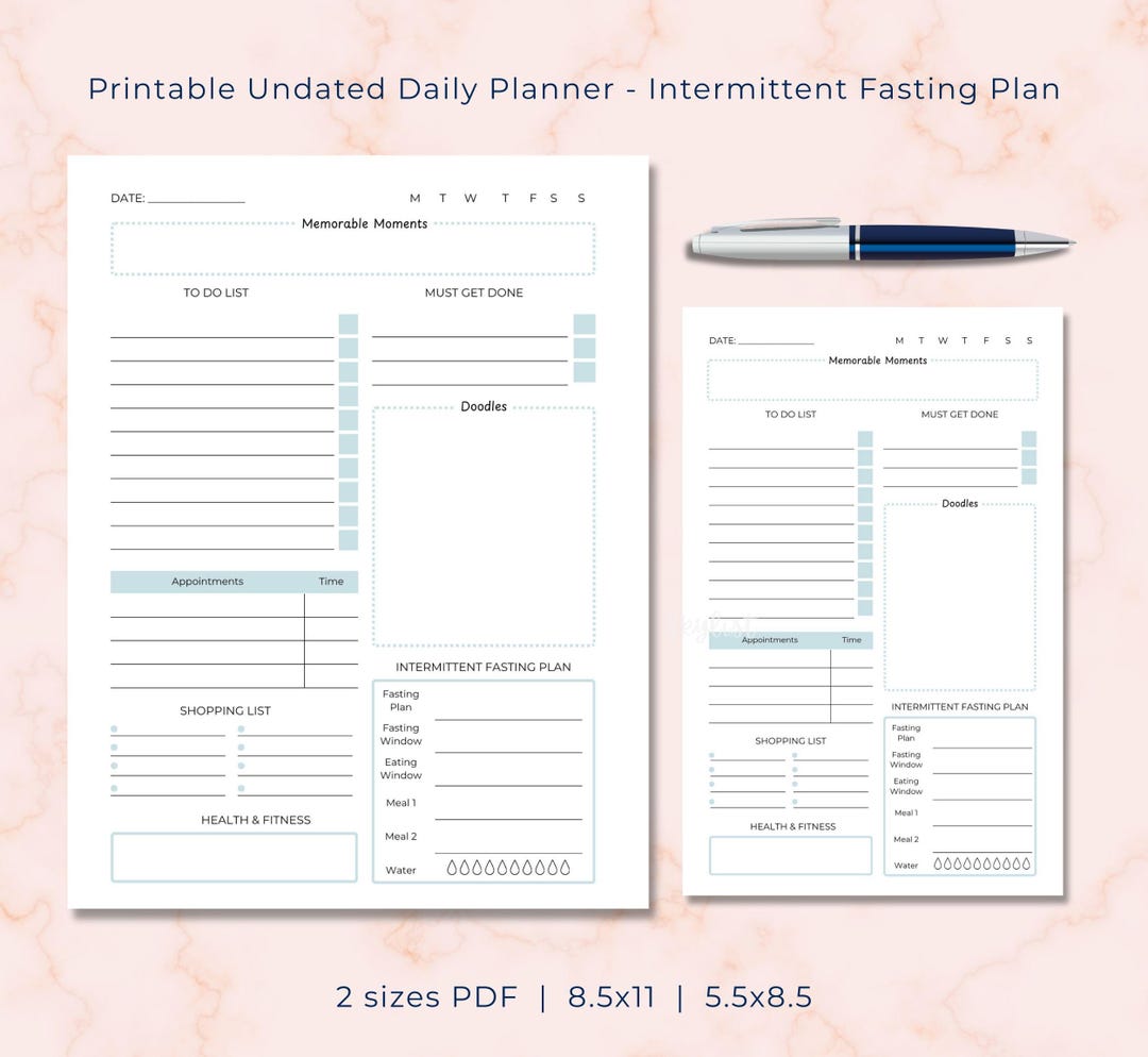 Undated Daily Planner | Doodle | Intermittent Fasting Plan 2 Sizes PDF Digital Printable - Etsy