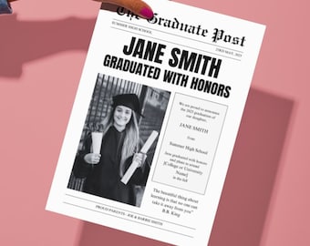 Graduation Announcement Newspaper Style Personalized Editable in Canva template, simple and easy, digital instant download.