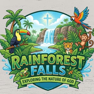 May include: A vibrant illustration depicting a rainforest scene with a toucan, parrot, monkey, and leopard. The words "Rainforest Falls" are central, accompanied by the text "Exploring the Nature of God."