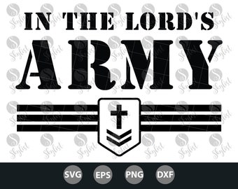 Puede incluir: Diseño gráfico en blanco y negro con el texto "IN THE LORD'S ARMY". Debajo del texto hay un escudo con un diseño de cruz y chevron. Debajo del escudo hay tres rayas negras.