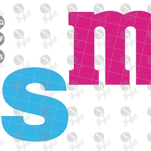May include: A graphic design featuring the letters "S" and "M" in a bold, sans-serif font. The "S" is blue and the "M" is pink.