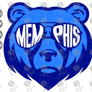 May include: A blue bear silhouette wearing sunglasses with the word "MEMPHIS" spelled out in white letters across the lenses.