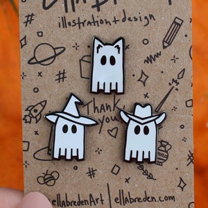 Mini Ghost Pins Set | Glow-in-the-Dark Pins | Halloween Costume Pins | Cowboy Ghost, Cat Ghost, Witch Hat