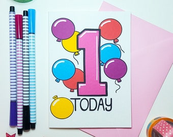 1 One Today Birthday Card Pink, Happy Birthday Card For One Year Old Baby, 1st Baby Birthday, First Birthday Card For Daughter, Son, Child