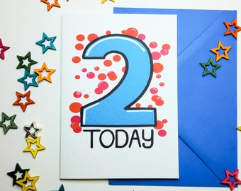 Two Today Birthday Card in 2 Blue with red coloured balloons, 2 year old Birthday, 2 year Old Happy Birthday Card for boy, or girl