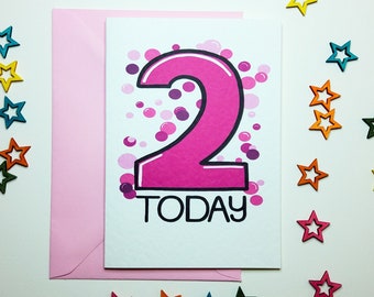 Two 2 Today In Pink Birthday Card With Pink Bubbles / Balloons for a Two Year Old Child, 2 Year Old Baby Birthday, 2nd Second Birthday Card