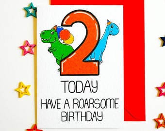 2nd Birthday Card, 2 Today Have a Roarsome Birthday Dinosaur Card, Cute Dinosaur Card, Second Birthday Dino Card, Card for Boy or girl