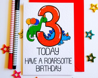 3 Year Old Card, 3 Today Have A Roarsome Birthday, 3rd Birthday Card, Third Birthday Dinosaur Card, Age Birthday Card,Dino 3rd Birthday Card