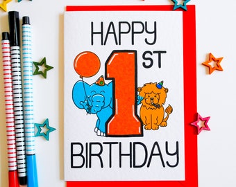 1st Birthday Card For Boy Or Girl, Cute Elephant and Lion First Birthday Card, Age Birthday Card, Cute Animal Birthday Card, Greetings Card