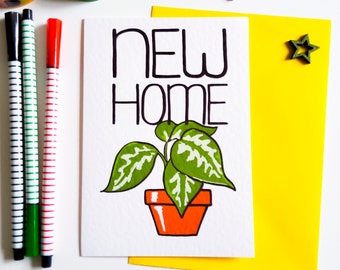 New Home Greetings Card, Moving House, New House, Blank Card with Green House Plant, Plant Lover New Home Card for Your Family Or Friends