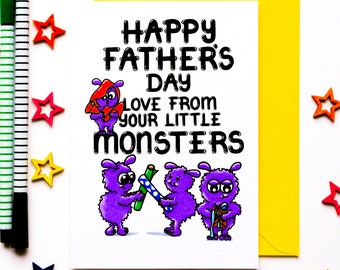 Father's Day Card For Dad Of 4 Children, Card From the Little Monsters card, Fathers Day Card For Grandpa, Card For Step Dad of Four Kids