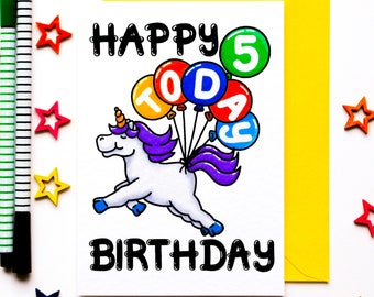 5th Birthday Card, Unicorn Fifth Birthday Card For A Child, Kids Happy Birthday Card, Age Birthday Card For Girl, Boy, Niece, Nephew, Sister