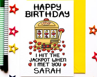 Personalised Birthday Card For Wife, Husband, Boyfriend, Girlfriend, Fiance, Him, Her, Custom Slot Machine Jackpot Birthday Card Add Name