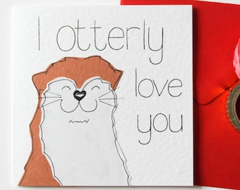 Ik Otterly Love You Valentine Card, Otter Valentijnsdag kaart, Otter Woordspeling Verjaardagskaart, Ik hou van je kaart voor haar, Cute Otter Verjaardagskaart