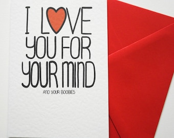 I Love You For Mind And Your Boobies Funny Anniversary card, Valentine's card, Birthday card, Naughty card, Rude Valentine's card, Love Card