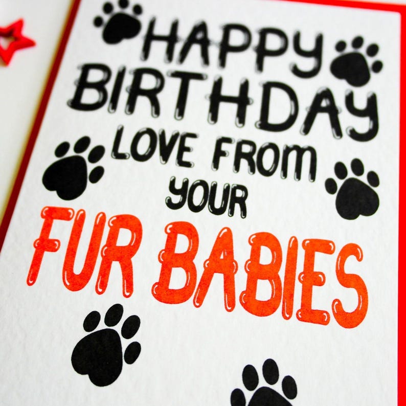 May include: A white card with black paw prints and the text "Happy Birthday Love from your Fur Babies" in black and red lettering.