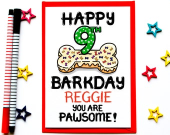 9e gepersonaliseerde Barkday verjaardagskaart voor de hond, negende gepersonaliseerde hond verjaardagskaart, honden 9 leeftijd verjaardagskaart, huisdier negende verjaardagskaart