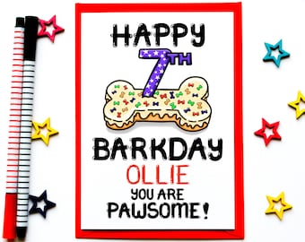 Zevende Barkday Card voor de hond, gepersonaliseerde hond verjaardagskaart, honden 7e verjaardagskaart, huisdier 7e verjaardagskaart, verjaardagskaart voor bont baby