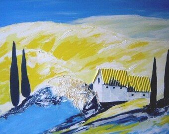 Acryl Collage Toskana auf Leinwand  Format 80 x 100 cm  Unikat von Rosa Haslbeck Handsigniert