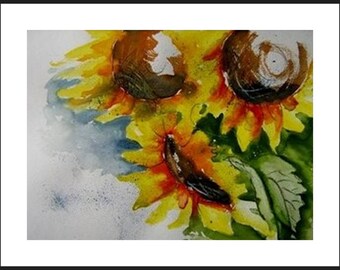 Aquarell Sonnenblume Format mit Passepartout 50 x 60 cm, Material Aquarellpapier, Aquarellfarben Unikat