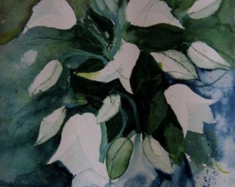 Aquareller weißer Blumenstrauß, Unikat, handsigniert Format ungerahmt 32 x 46 cm Farben blau grün weiß