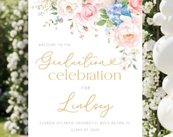 Whimsical Roses Graduation Welcome Sign, Elegant Floral Graduation Celebration Foam Board, Blush Roses Hydrangea Graduation Party - GS37