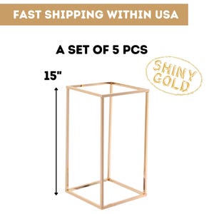 Set of 5 Pcs x 15&quot; Shiny Gold Metal Stand, Gold Flower Table Centerpiece Decoration, Wedding Event Party Decor, Rectangle Table Flower Vase