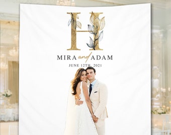 Wedding Backdrop, Elegant Gold Monogram Wedding Banner, Photo Booth Station, Botanical Gold Leaf Anniversary Backdrop - WB135