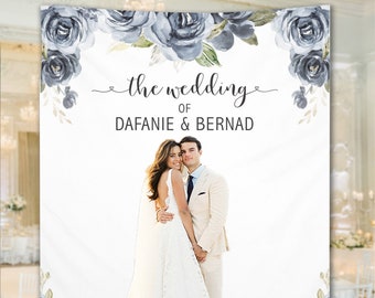 Sfondo per matrimoni, Sfondo per ricevimenti fiori blu polverosi, oggetti di scena per cabina fotografica per anniversario, sfondo doccia nuziale personalizzato - WB128