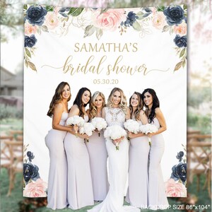 Bridal Shower Photo Backdrop, Navy Blush Roses Custom Banner,  Anniversary Wedding Decor, Baby Shower Backdrop Idea - BB10 Alie
