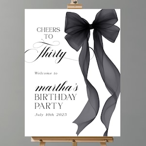 Elegante y caprichoso cartel de bienvenida de cumpleaños con lazo negro, póster de entrada para fiesta de cumpleaños, decoración de fiesta de cumpleaños con lazo negro - BS1
