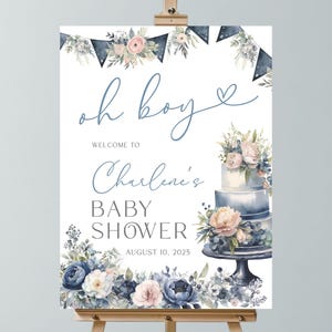 Letrero de bienvenida impreso para baby shower, decoración para baby shower Oh Boy, póster imprimible para baby shower azul, bebé floral azul en flor - BBB16