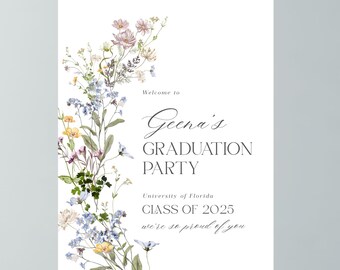 Rustic Whimsical Graduation Welcome Sign, Boho Wild Flowers Graduation Announcement, Modern Floral Graduation Gift Poster Sign - GS22