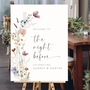 "Wildblumen"" Die Nacht vor dem Schild, Willkommensschild zur Probe des Abendessens, Probehochzeitsposter, Blumenhochzeitsschild - WDS154"