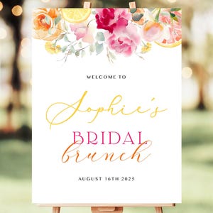 Cartel de bienvenida para brunch nupcial con flores cítricas de colores, póster para despedida de soltera con naranja y limón, póster principal de despedida de soltera con temática mediterránea rosa - BSS77